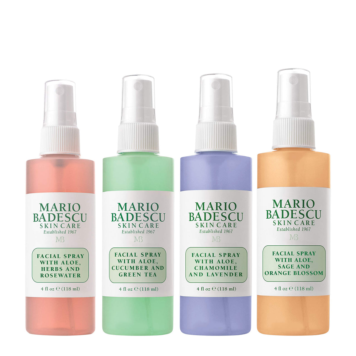 Mario Badescu front packaging showing all four facial sprays and gift-ready set benefit