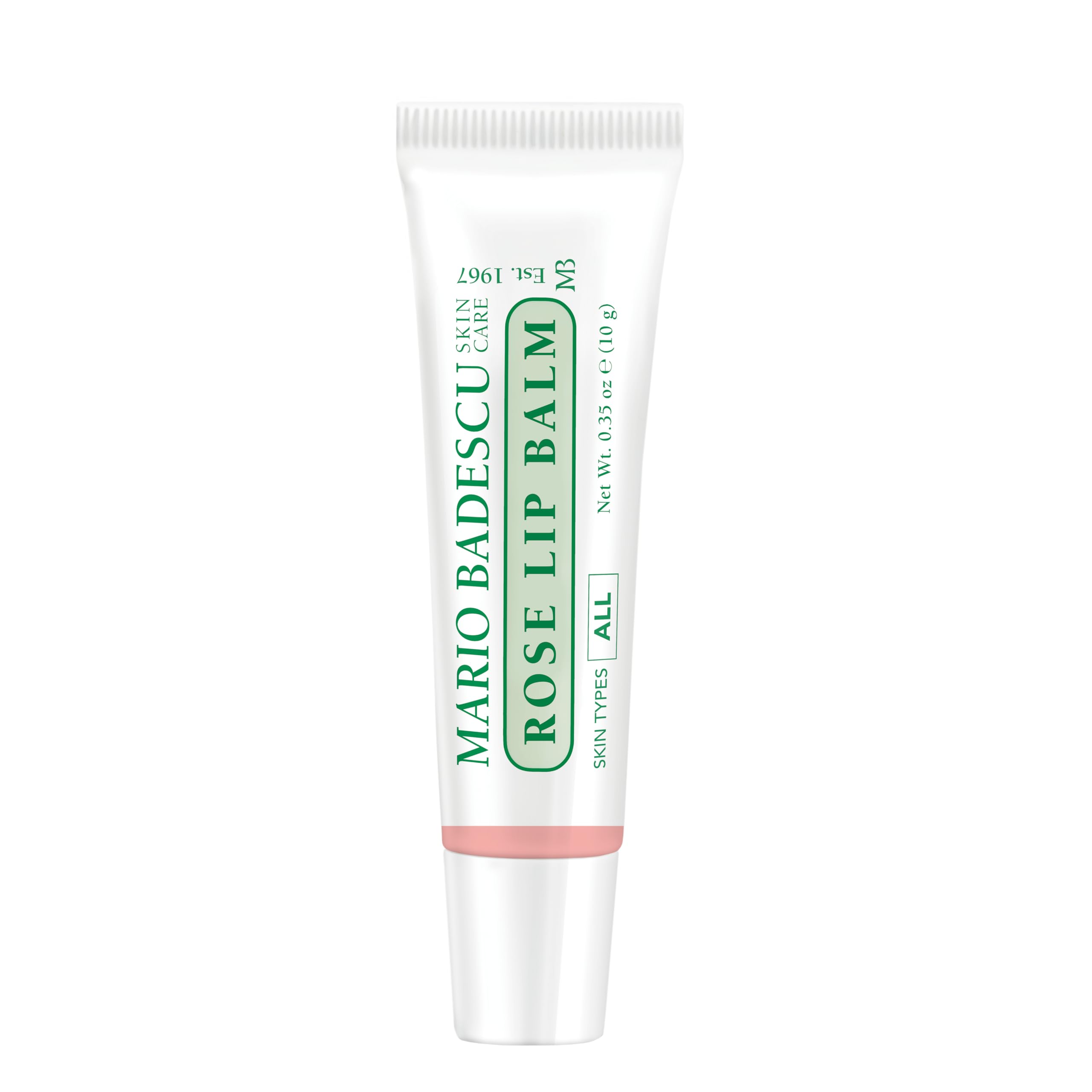 Mario Badescu front packaging showing rose lip balm and compact tube for easy carrying