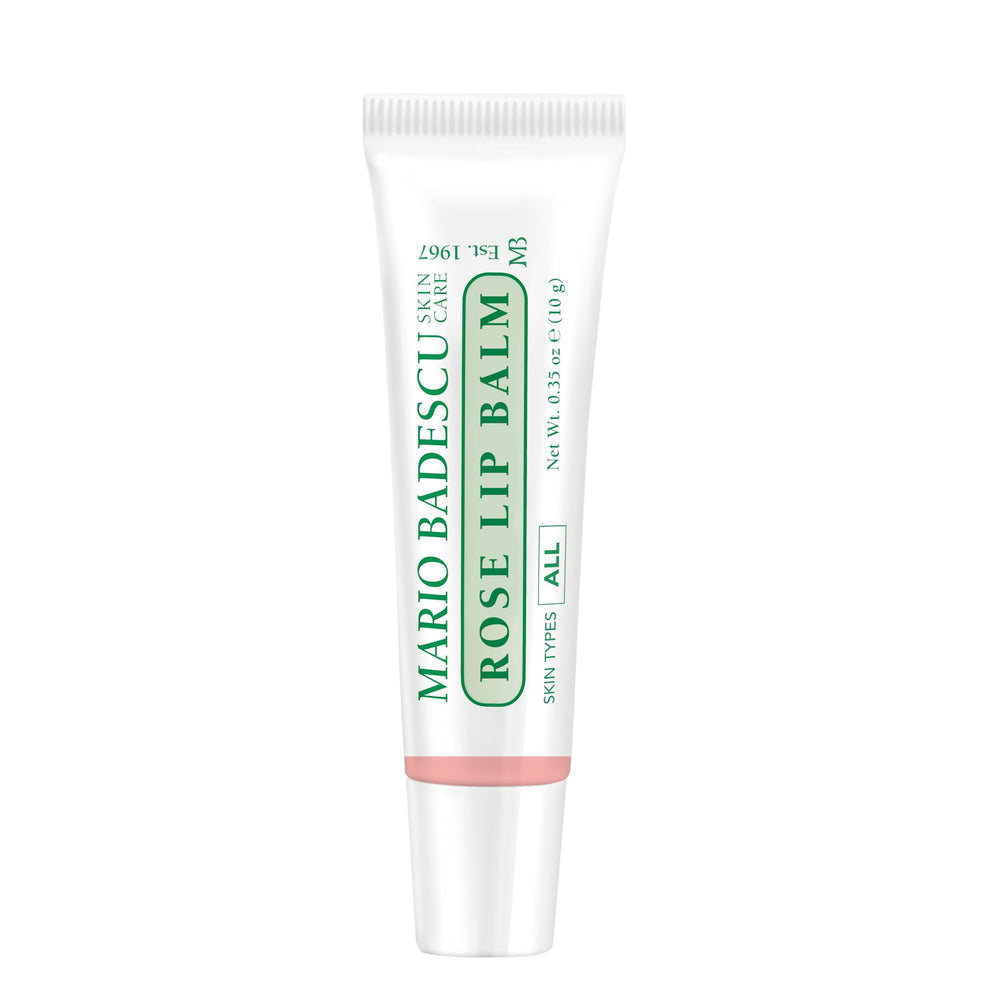 Mario Badescu front packaging showing rose lip balm and compact tube for easy carrying