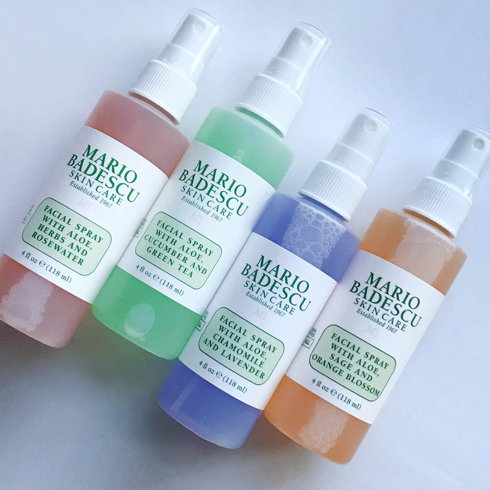 Mario Badescu lavender spray being used for calming, balancing mid-day refresh benefit