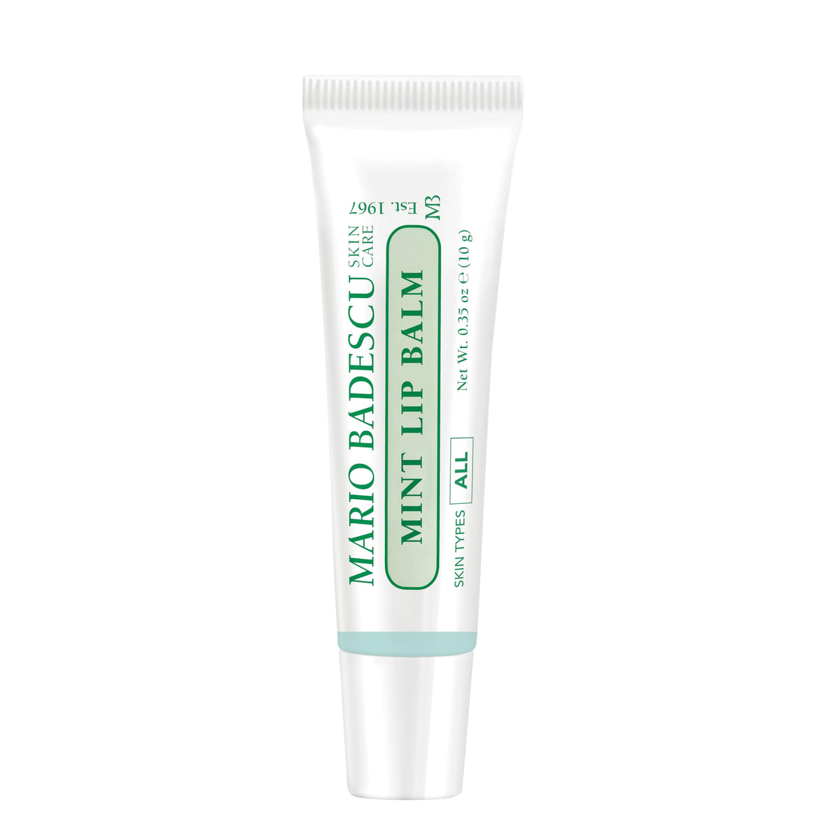 Mario Badescu mint lip balm tube front view showing portable design and hydration benefit