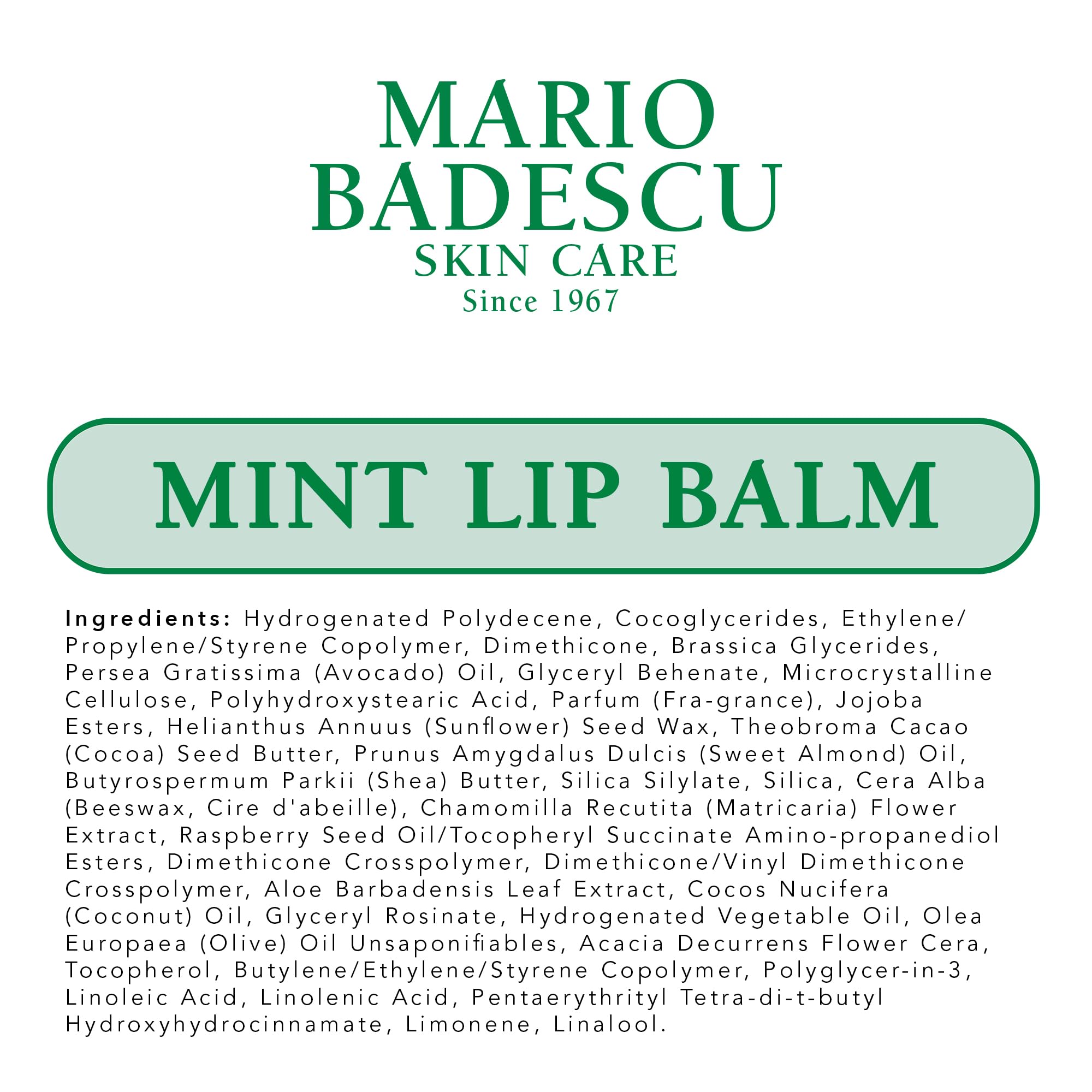 Mario Badescu mint lip balm applied on lips demonstrating smooth, conditioned look