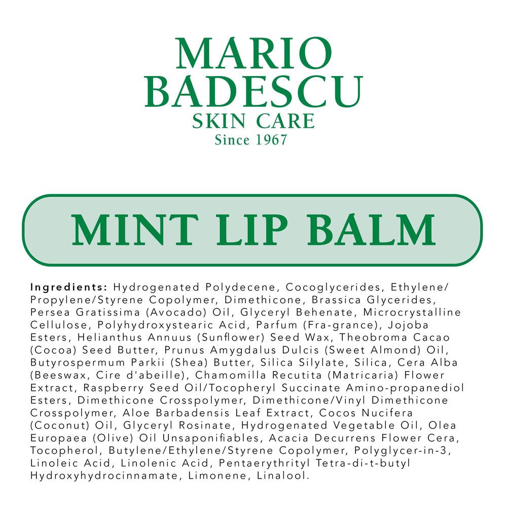 Mario Badescu mint lip balm applied on lips demonstrating smooth, conditioned look