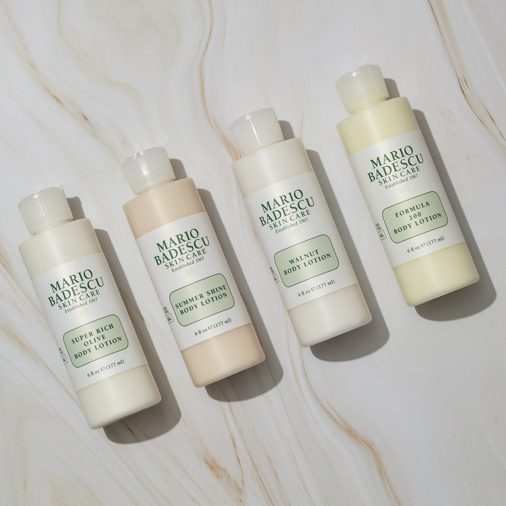 Mario Badescu creamy olive lotion texture close-up demonstrating smooth absorption