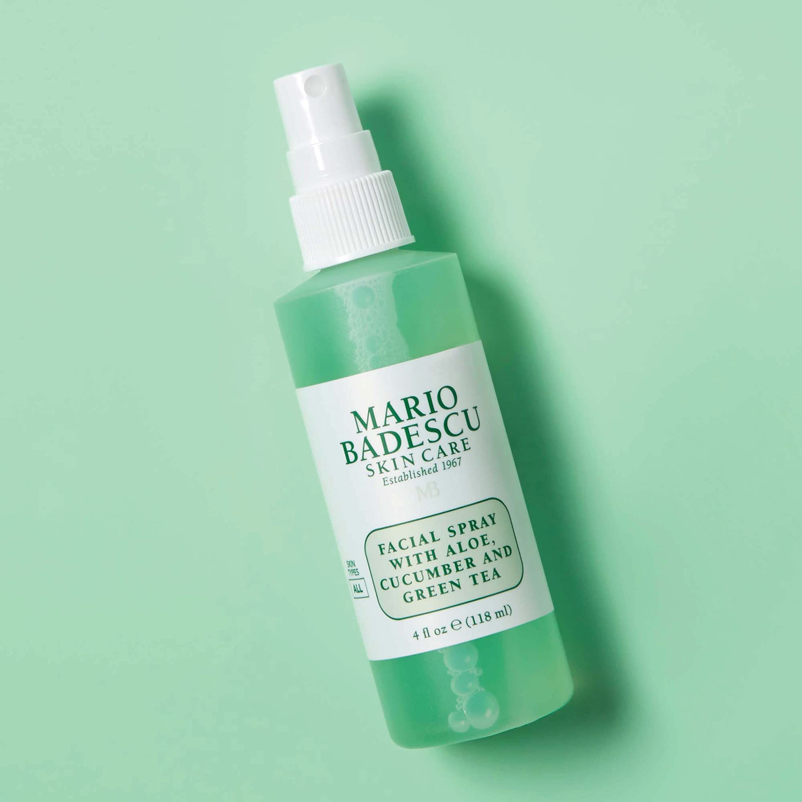 Mario Badescu spray in use on model face providing instant cooling boost