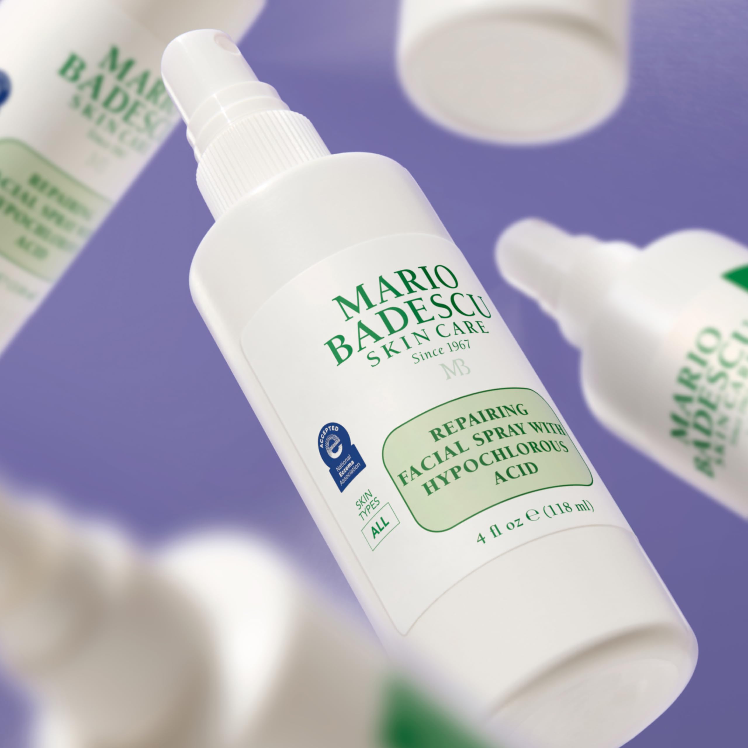 Mario Badescu spraying near healed tattoo showing gentle aftercare benefit