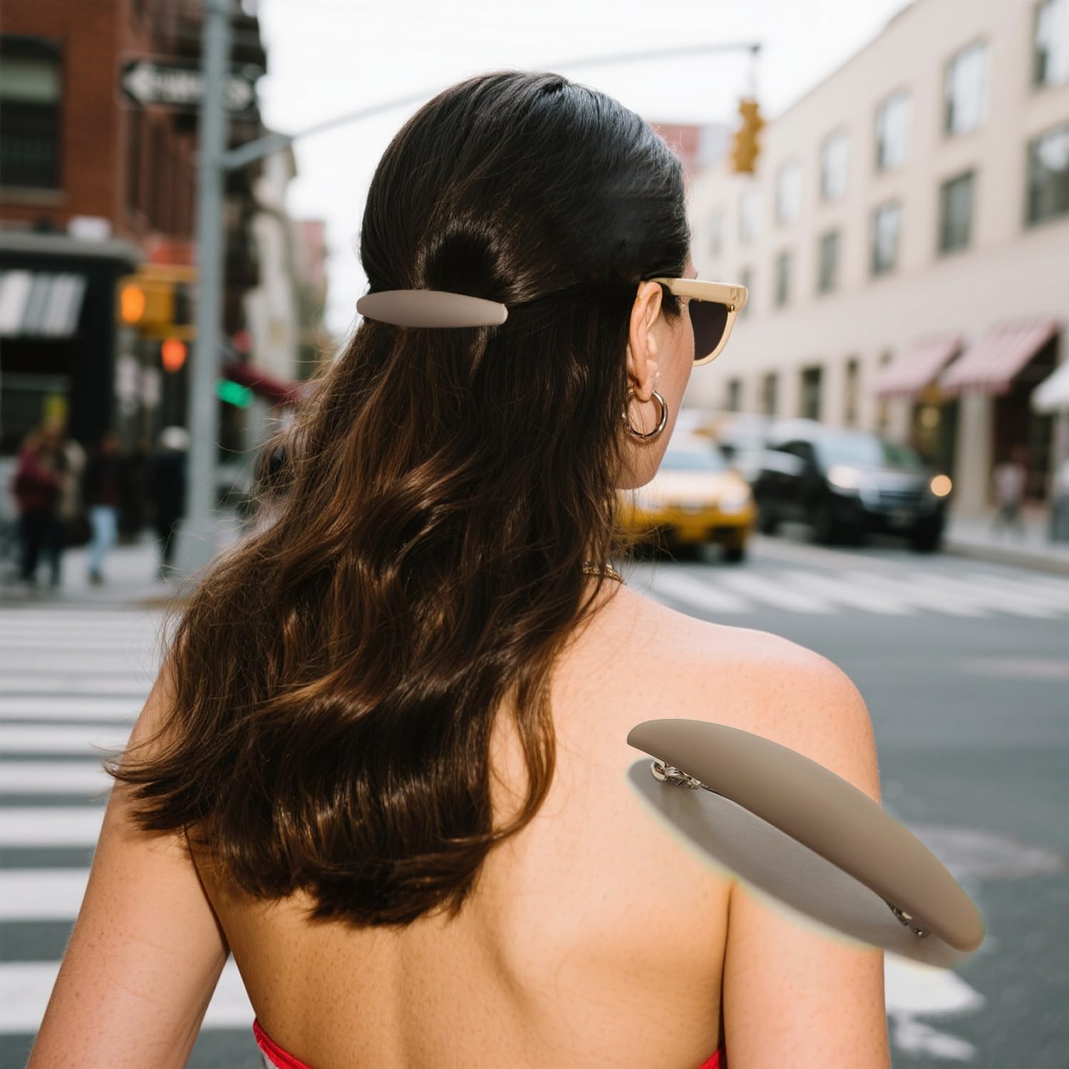 Markuii lifestyle image of woman commuting, clip keeping hair secure and polished