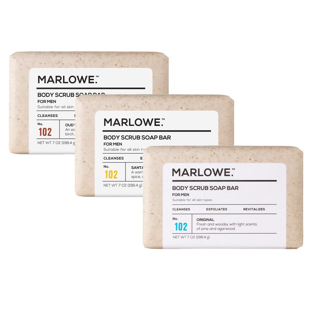 MARLOWE. front packaging of three 7oz exfoliating soap bars, communicates long-lasting value