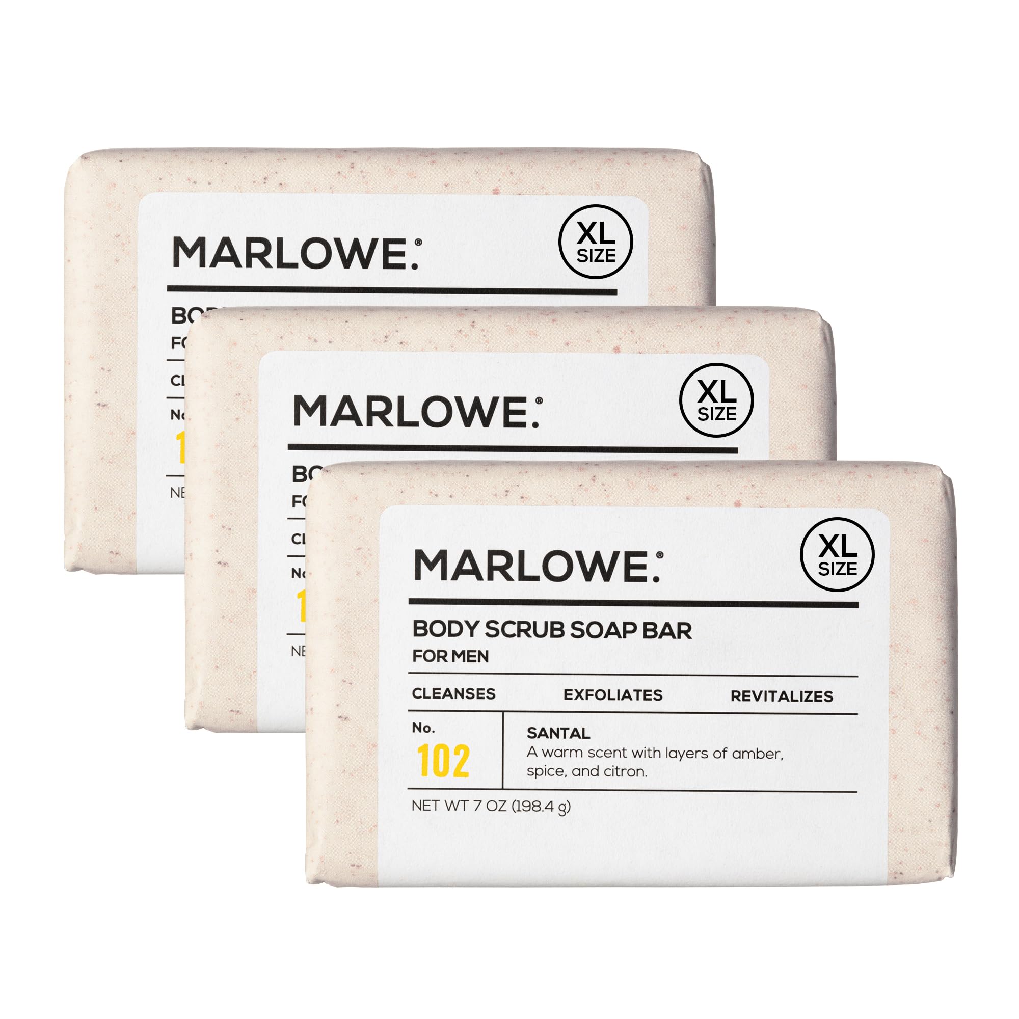 MARLOWE. front view of the santal scrub bar showing scent and size benefits