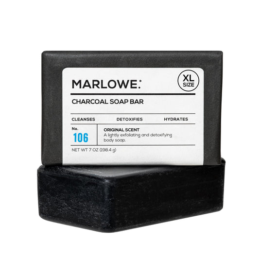 MARLOWE. front packaging showing charcoal bar and benefits