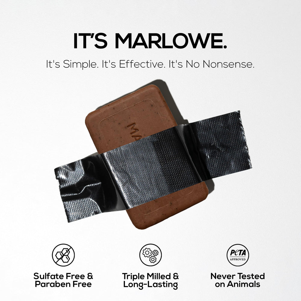 MARLOWE. coffee beans next to bar illustrating natural exfoliants and invigorating scent