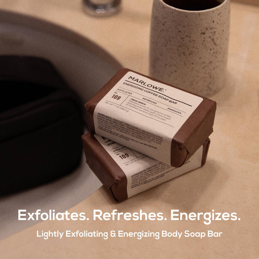 MARLOWE. close-up of bar texture highlighting coffee seed exfoliants and scrub action
