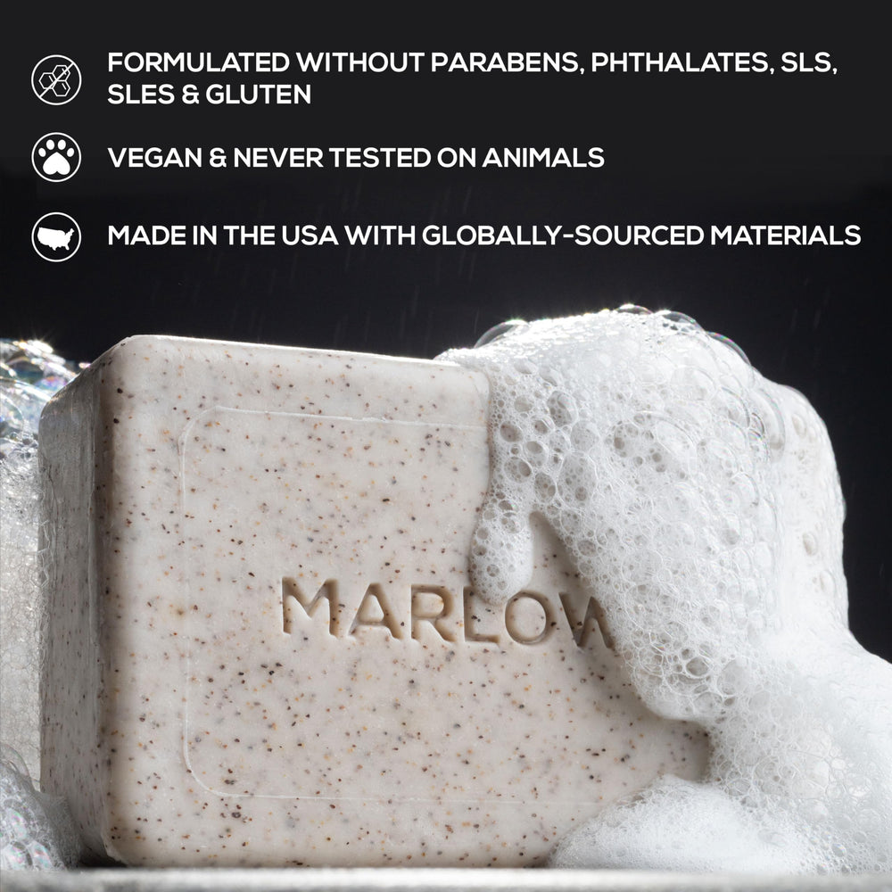 MARLOWE. close-up of Original bar texture showing exfoliating granules for smoother skin