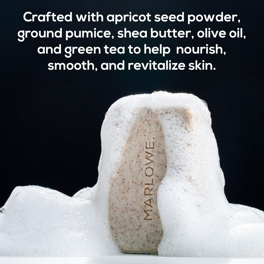 MARLOWE. Oud Wood bar producing rich lather, illustrating deep cleansing while moisturizing