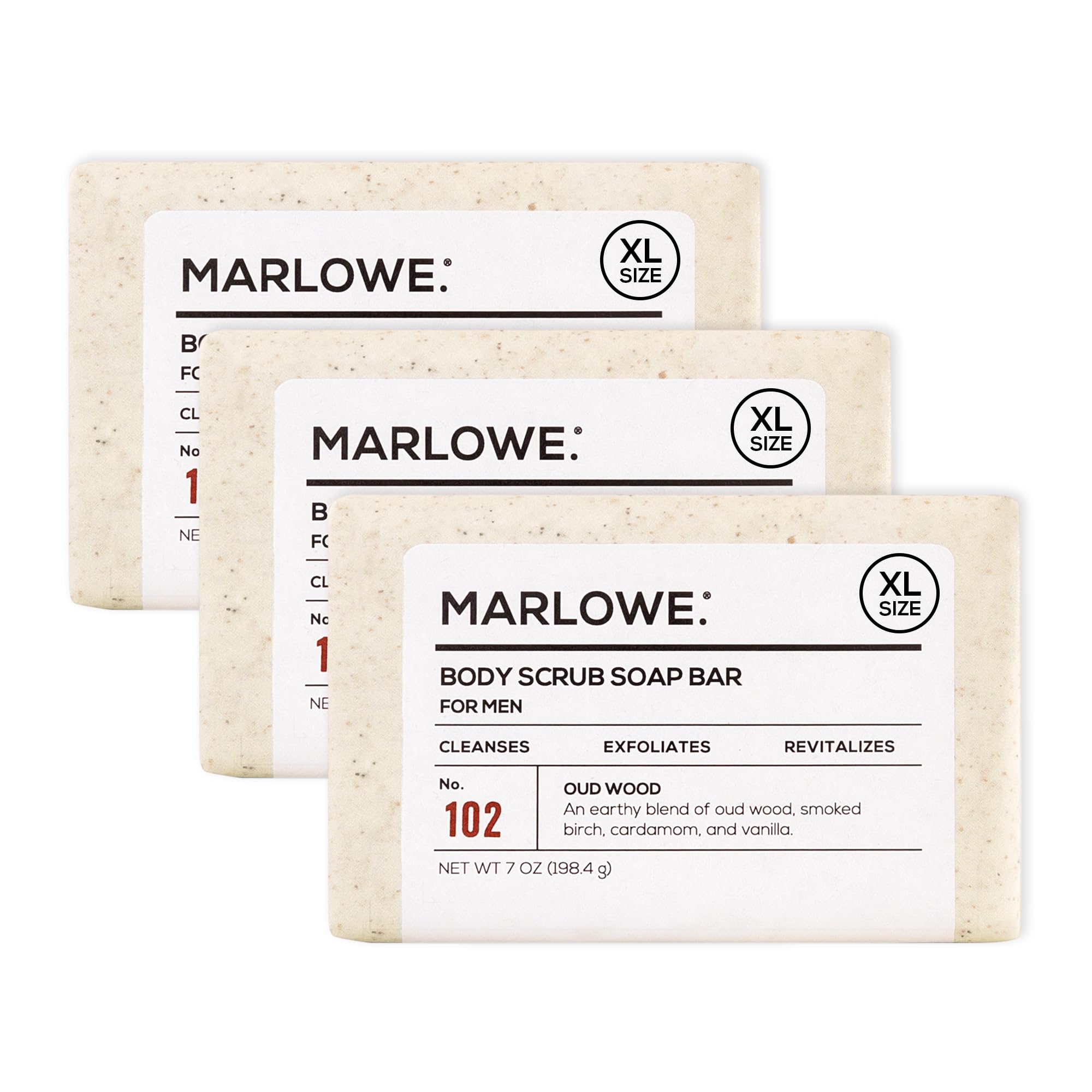 MARLOWE. front packaging showing oud wood scent and recycled wrapper benefit