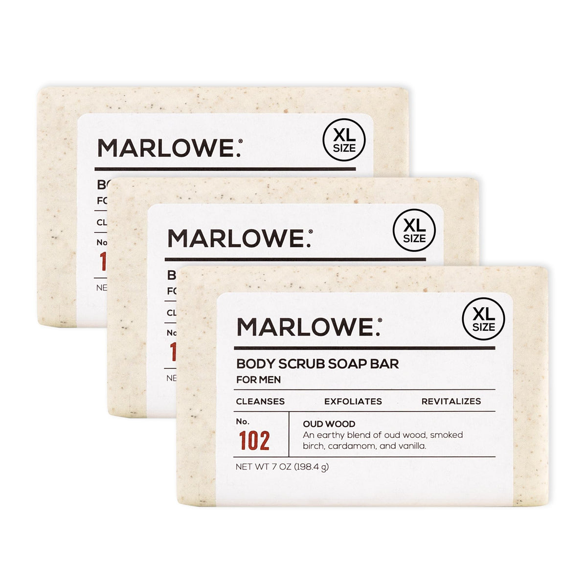 MARLOWE. front packaging showing oud wood scent and recycled wrapper benefit