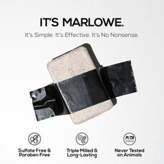 MARLOWE. lather in hand demonstrating creamy foam and gentle cleansing benefit