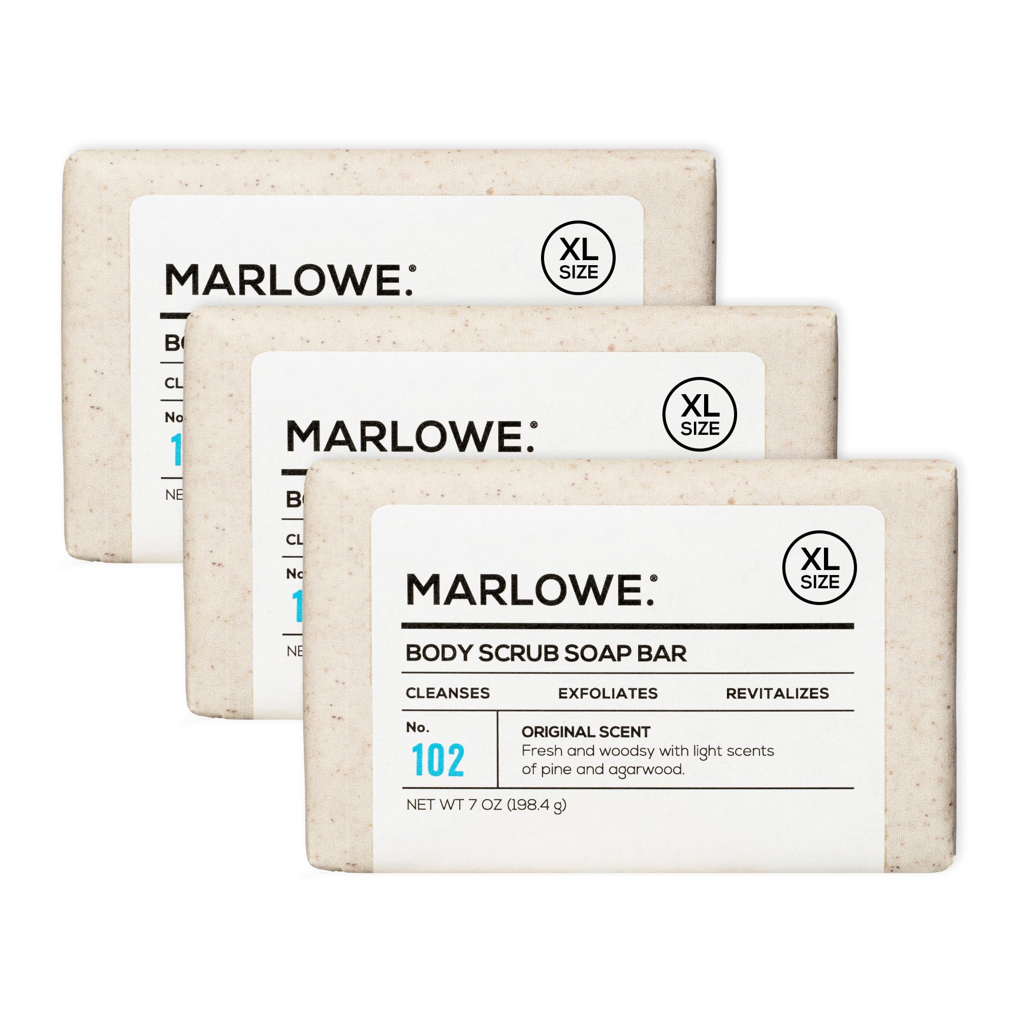 MARLOWE. front packaging showing three sage + fir bars and branding benefit longevity