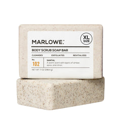 MARLOWE. front packaging of Santal scrub bar showing scent and size benefit