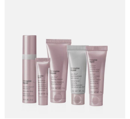 Mary Kay front packaging showing all five travel-size Volu-Firm products for easy routine