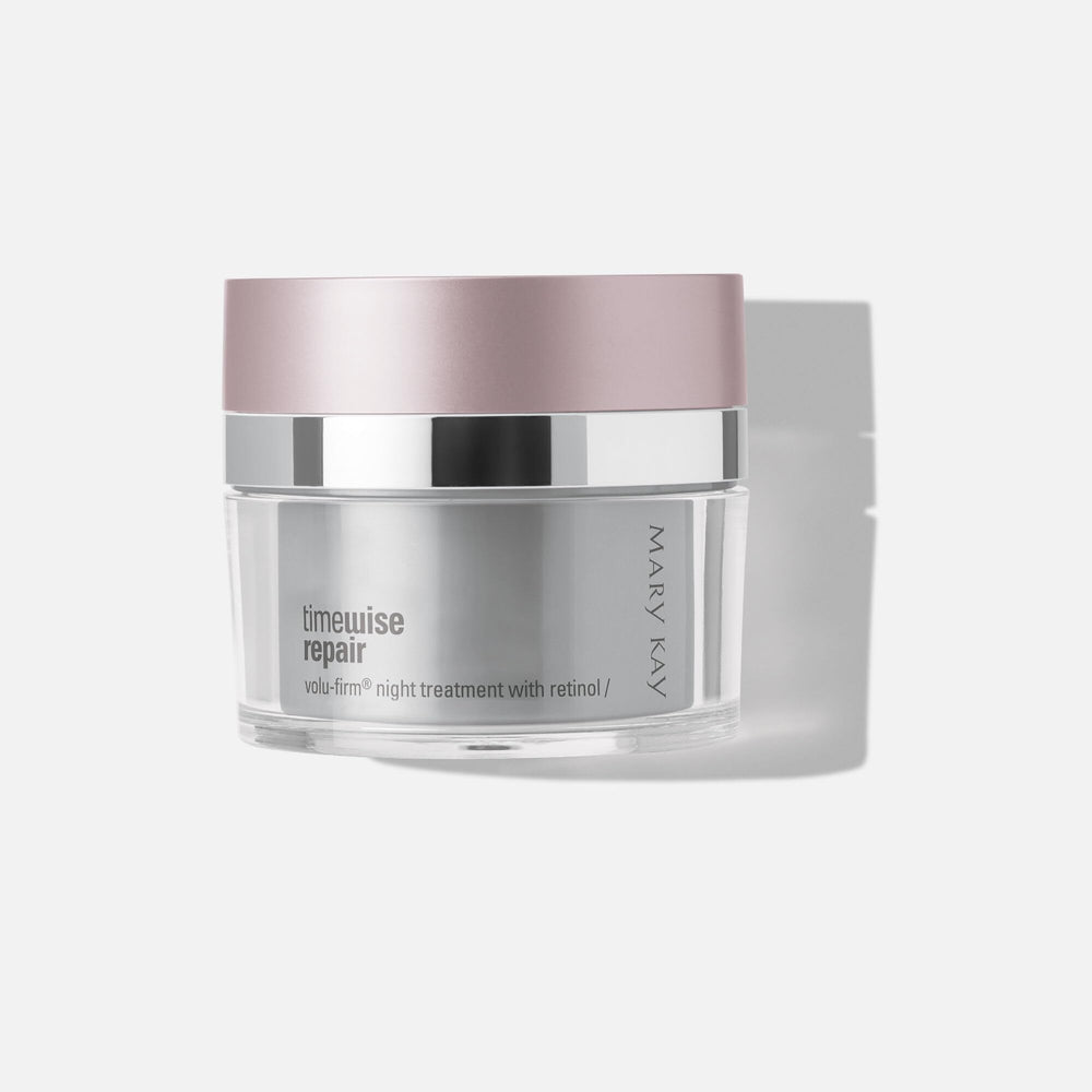 Mary Kay front packaging of TimeWise Repair Volu-Firm Night Treatment showing jar and benefits