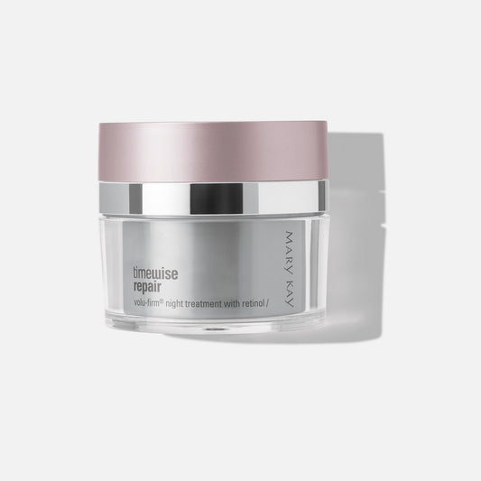 Mary Kay front packaging of TimeWise Repair Volu-Firm Night Treatment showing jar and benefits