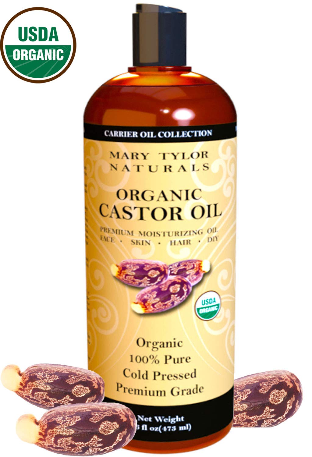 Mary Tylor Naturals bottle cap and label detail emphasizing purity and easy dispensing