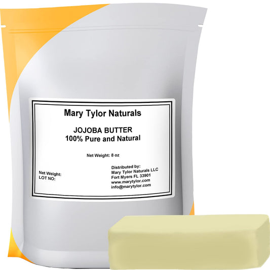 Mary Tylor Naturals jojoba butter front packaging showing resealable pouch and block benefits