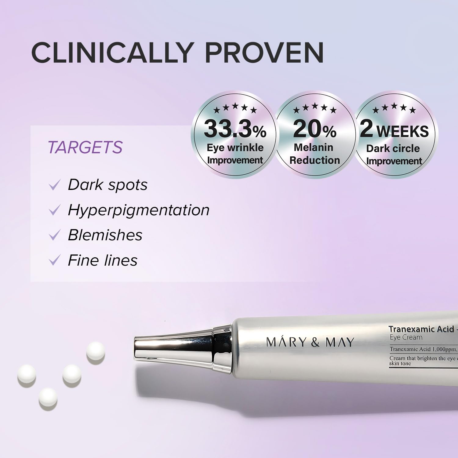 Mary&May ingredient list close-up highlighting TXA and glutathione benefits
