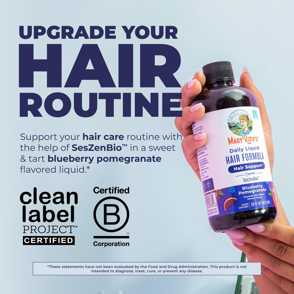 MARYRUTH'S label close-up highlighting SesZenBio™, biotin, and vitamin C benefits