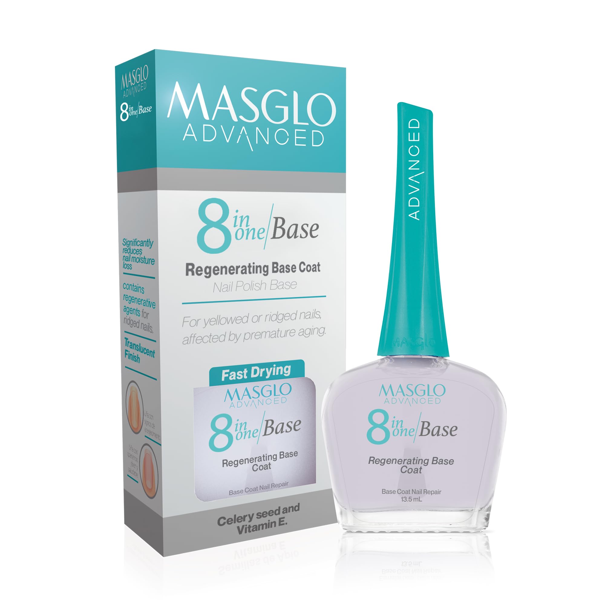 MASGLO front packaging showing clear 8-in-1 base for glossy nails and protection