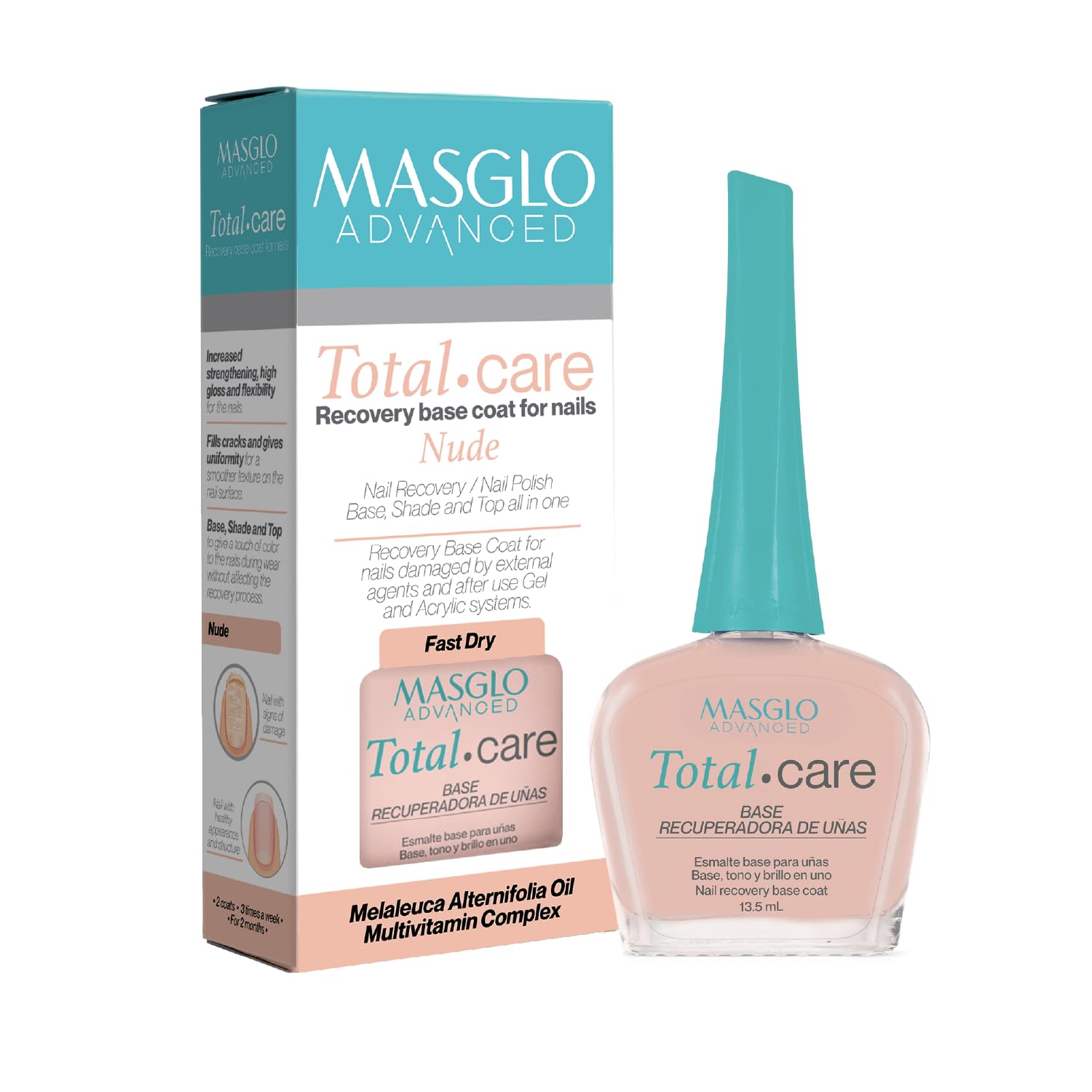 MASGLO front packaging showing the Advanced Total Care bottle and benefits