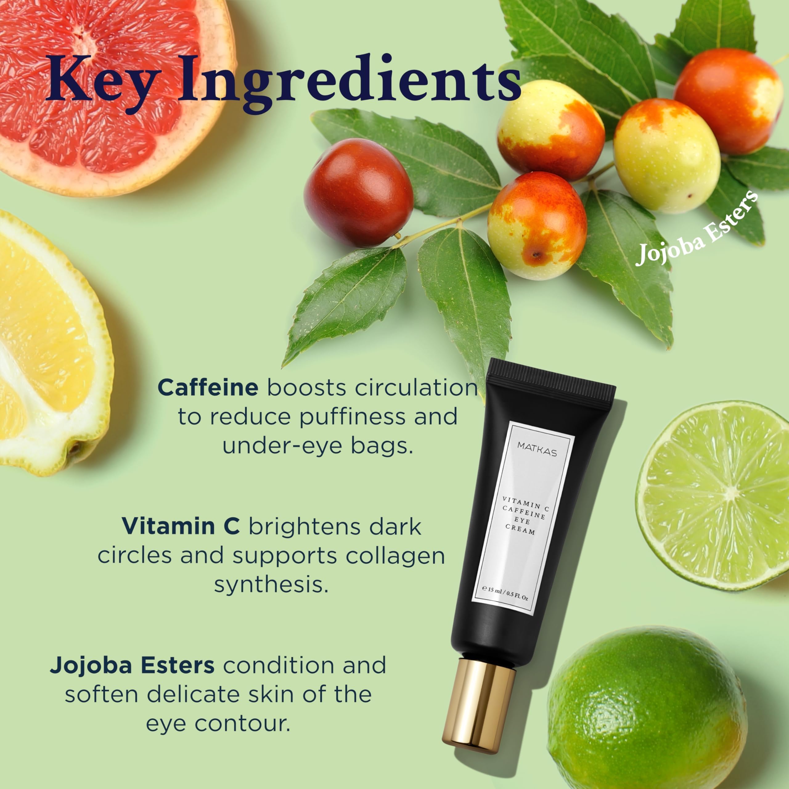MATKAS label detail highlighting vitamin C, caffeine, peptides for visible benefits