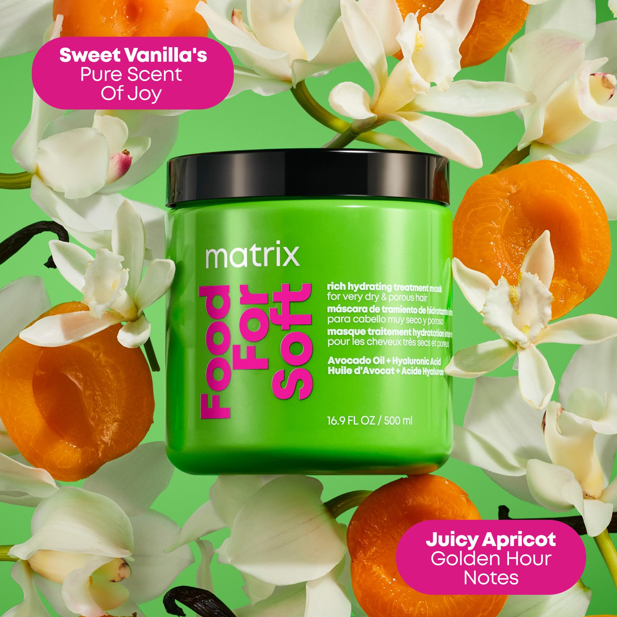 MATRIX lifestyle bathroom shelf with Food For Soft mask staged with personal care items