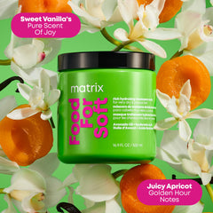 MATRIX lifestyle bathroom shelf with Food For Soft mask staged with personal care items