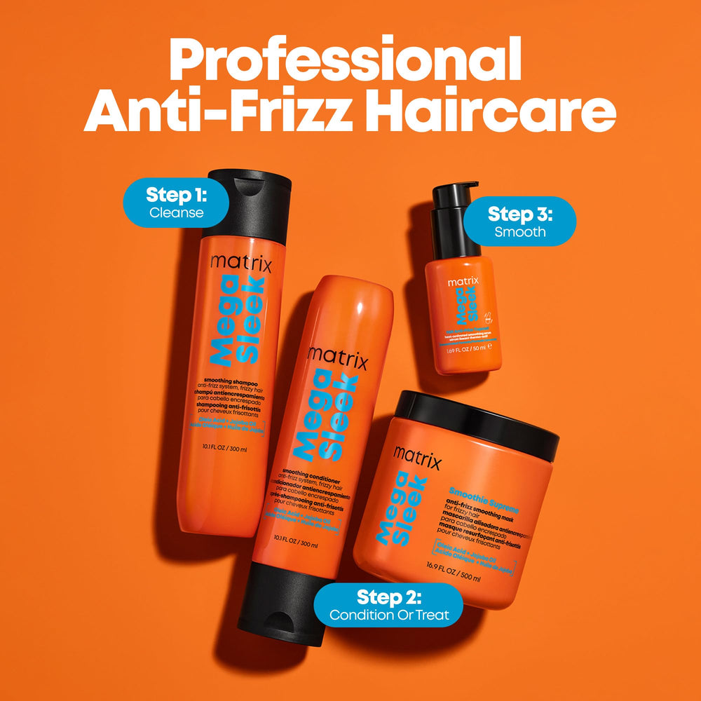 Matrix mask displayed with Mega Sleek shampoo for complete routine benefit