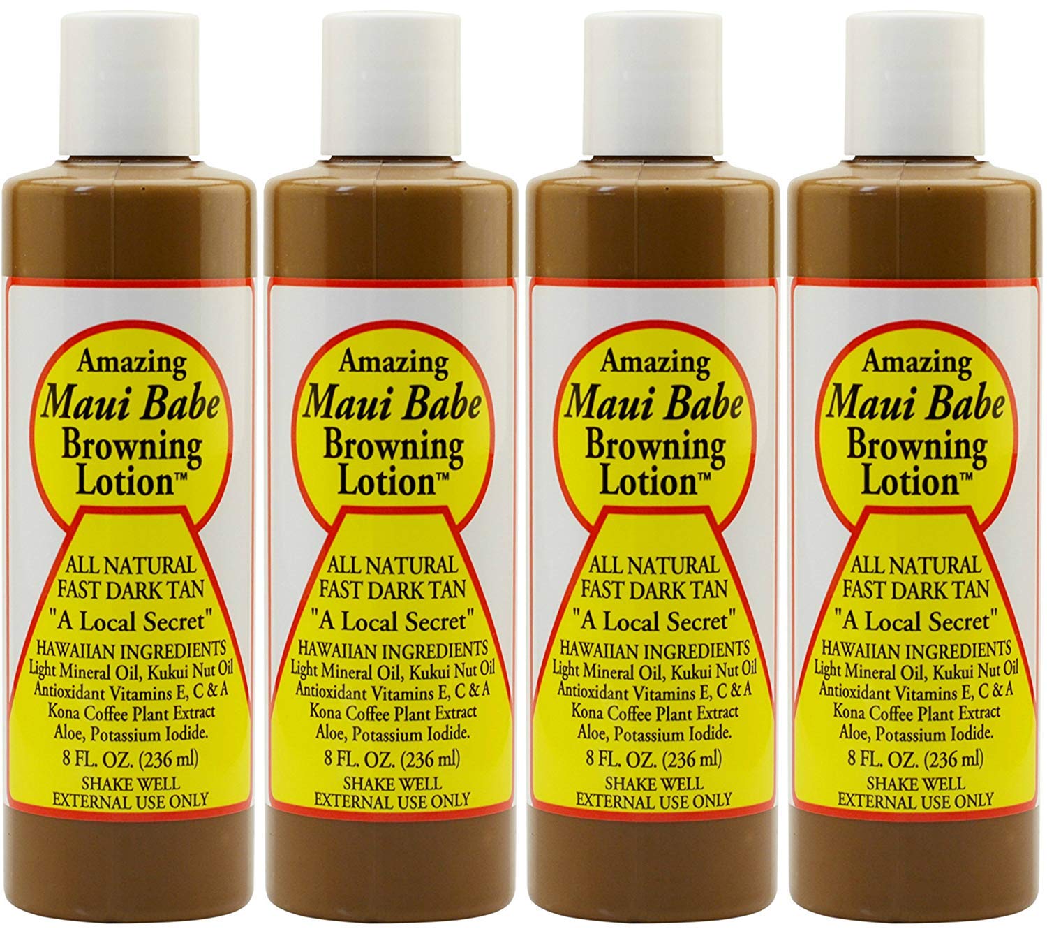 Maui Babe front packaging showing four 8 oz bottles and clear labeling, easy storage benefit