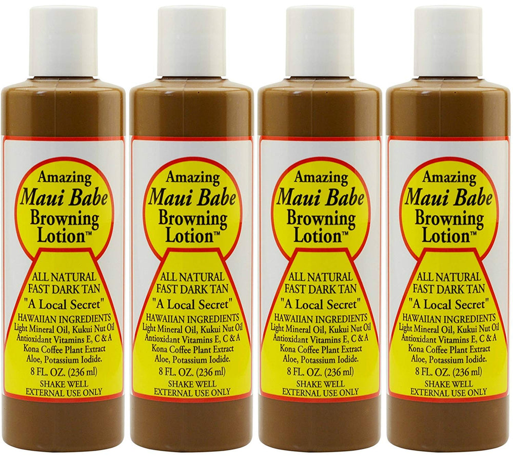 Maui Babe front packaging showing four 8 oz bottles and clear labeling, easy storage benefit
