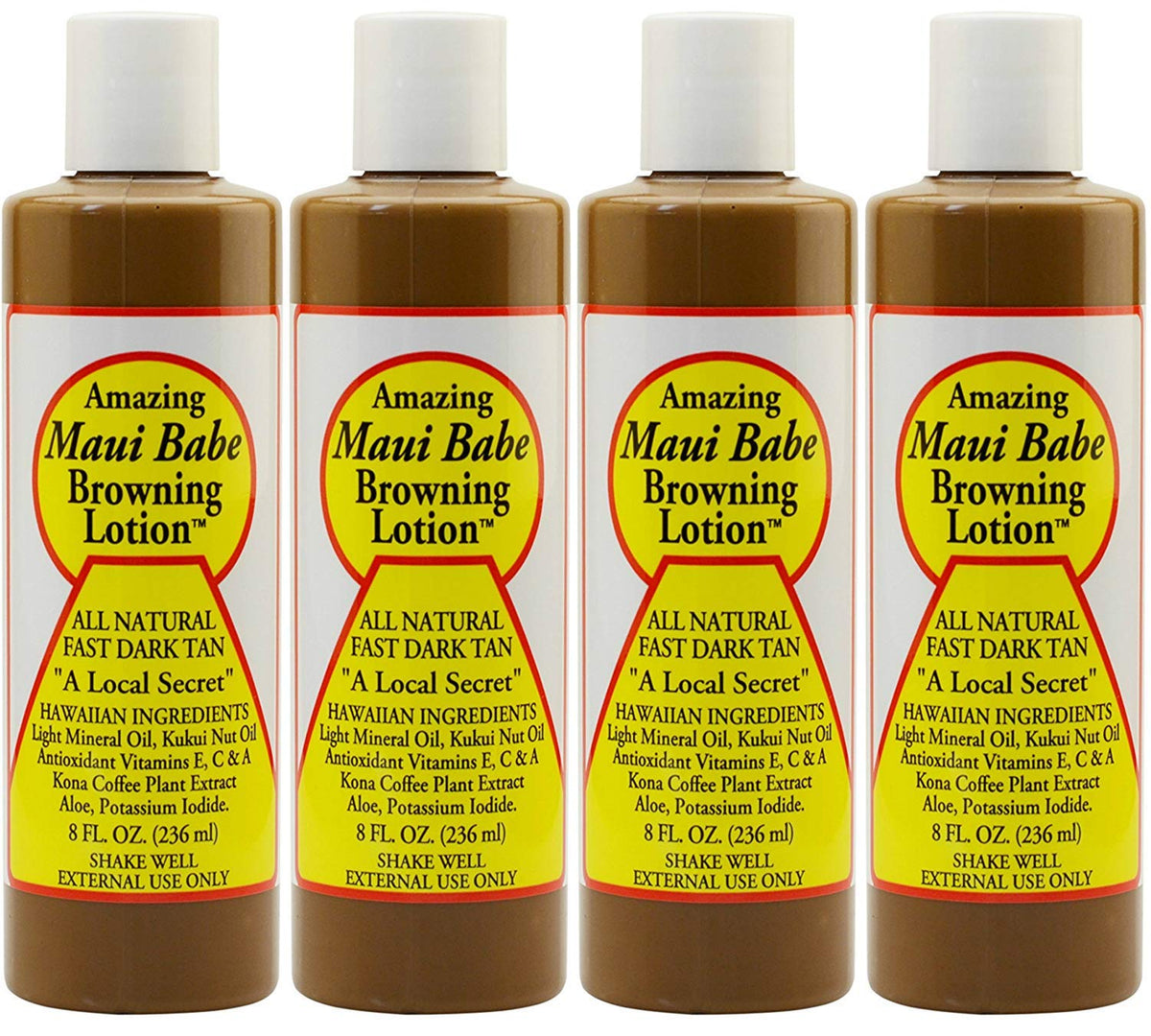 Maui Babe front packaging showing four 8 oz bottles and clear labeling, easy storage benefit