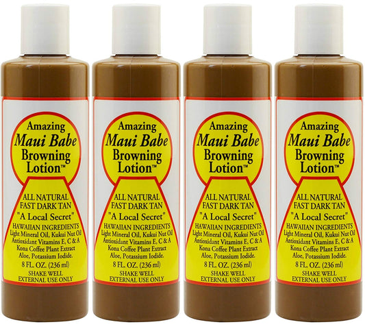 Maui Babe front packaging showing four 8 oz bottles and clear labeling, easy storage benefit