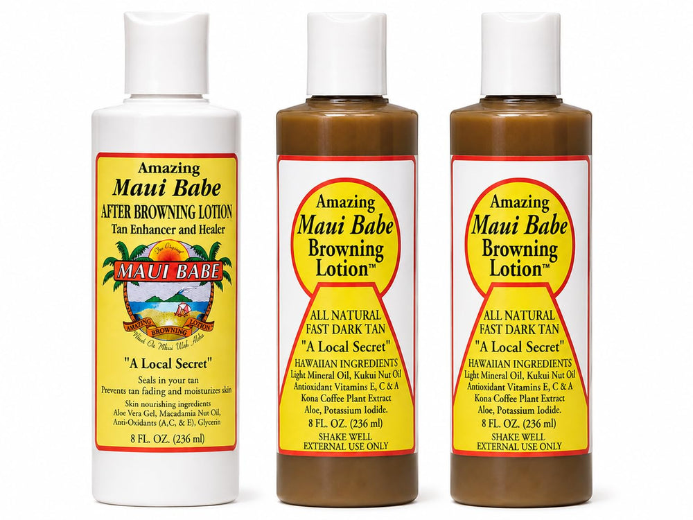 Maui Babe front packaging showing all three bottles and contents benefit