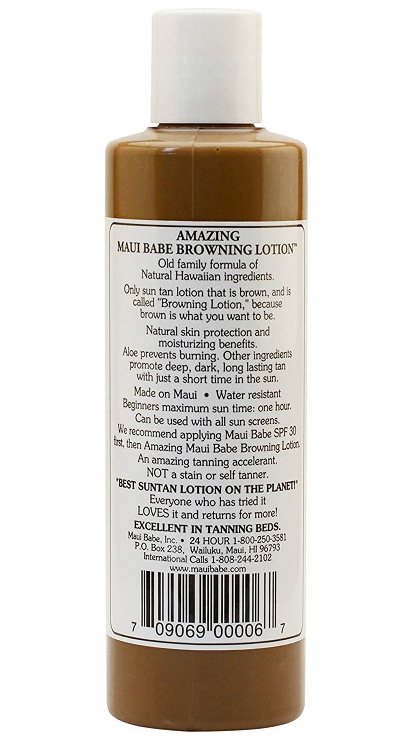 Maui Babe lotion in use on a sunlit beach showing application before tanning for enhanced color benefit