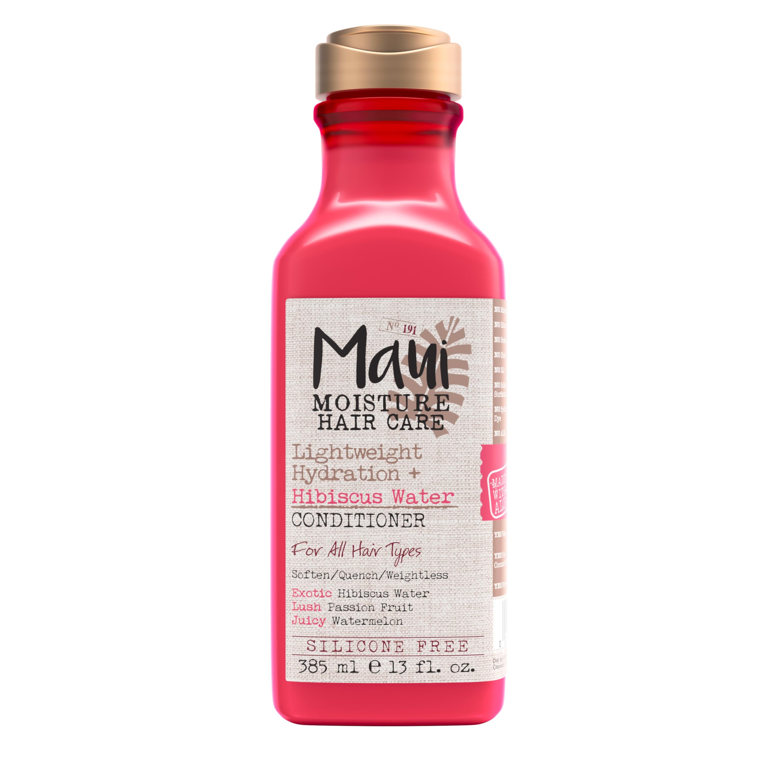 Maui Moisture bottle front showing hibiscus water label and lightweight benefit