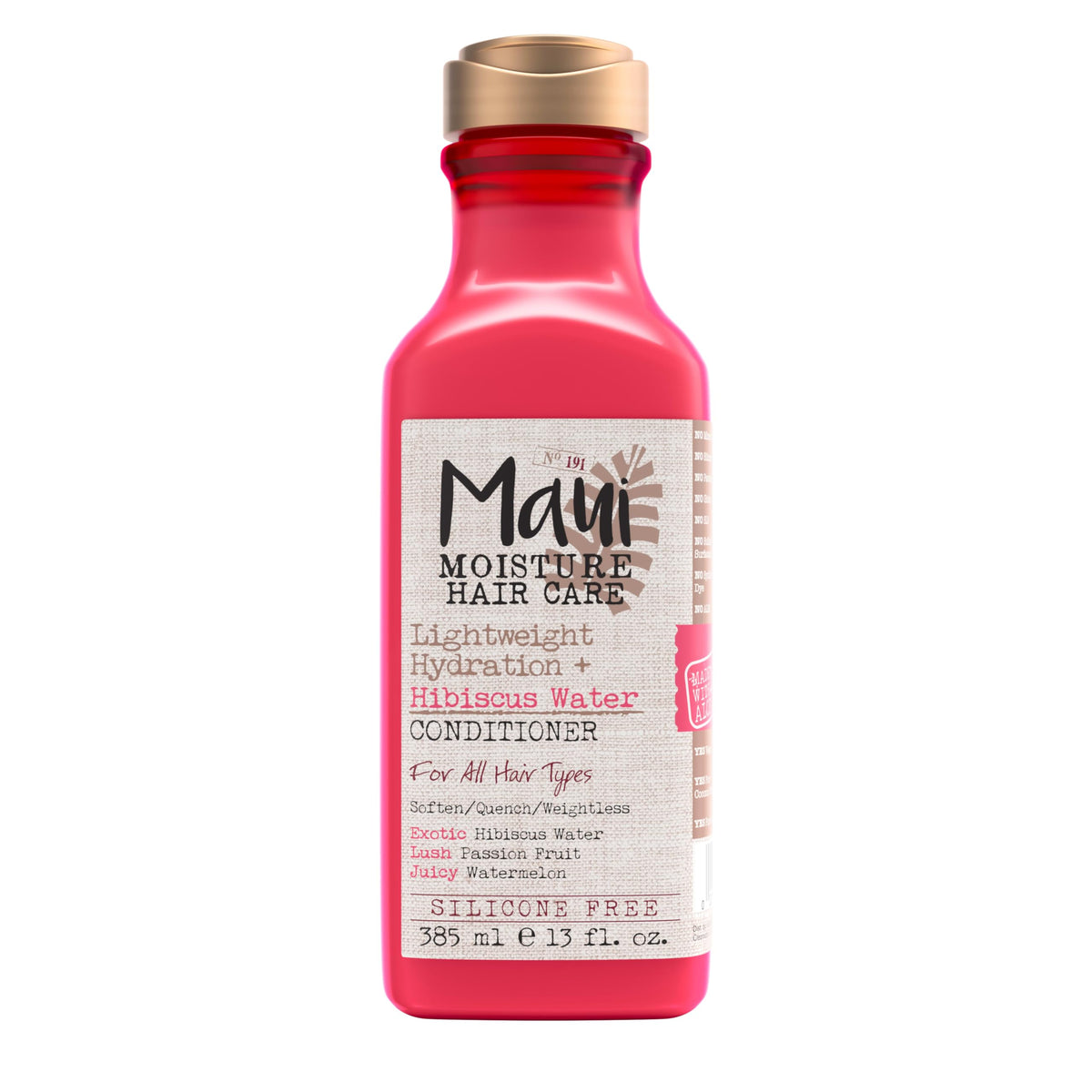 Maui Moisture bottle front showing hibiscus water label and lightweight benefit