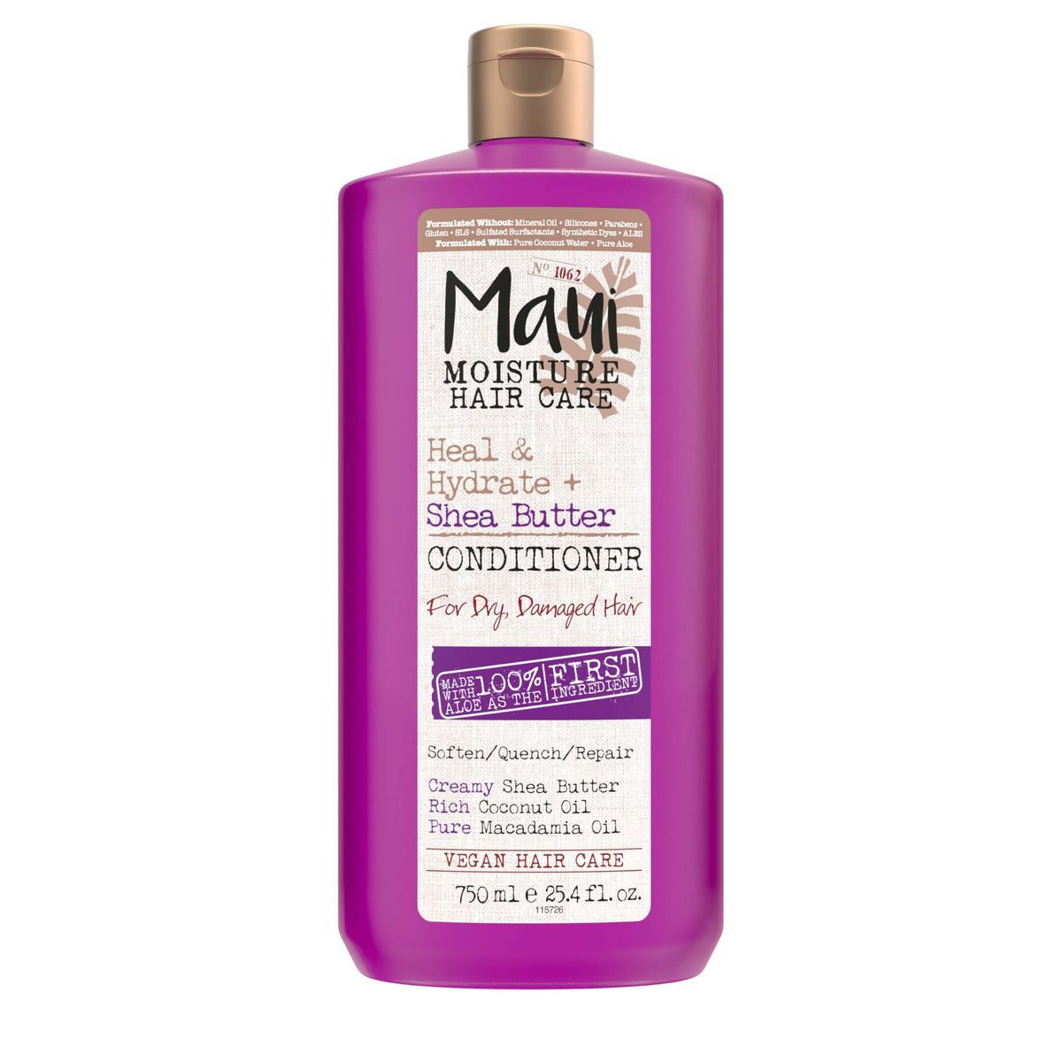 Maui Moisture front bottle showing 13 fl oz and shea butter benefits
