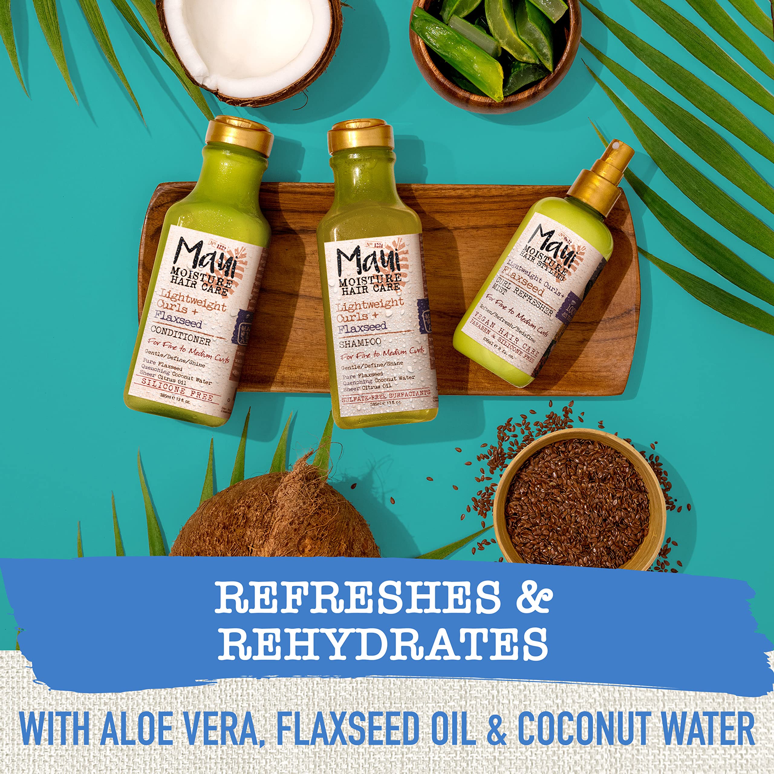 Maui Moisture bottle staged in bathroom showing shelf-ready, natural-care aesthetic