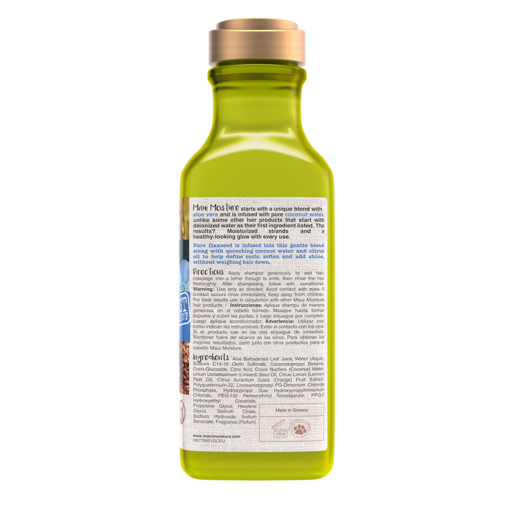 Maui Moisture next to a 13 fl oz scale showing bottle size and travel-friendly benefit