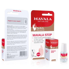 MAVALA bottle front view showing compact deterrent treatment and clear polish benefit