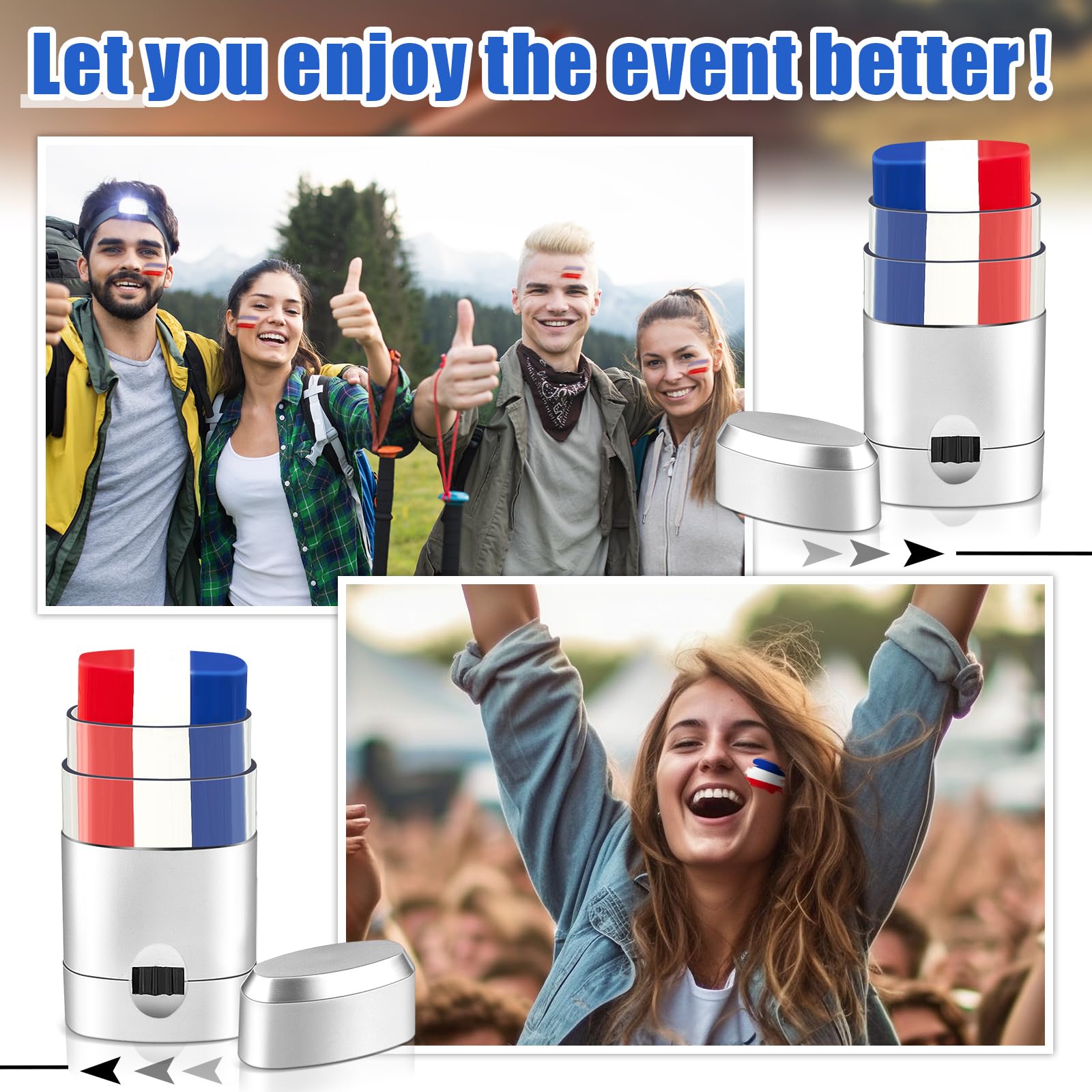Maxcheck person at festival wearing red white blue face stripes for spirited look