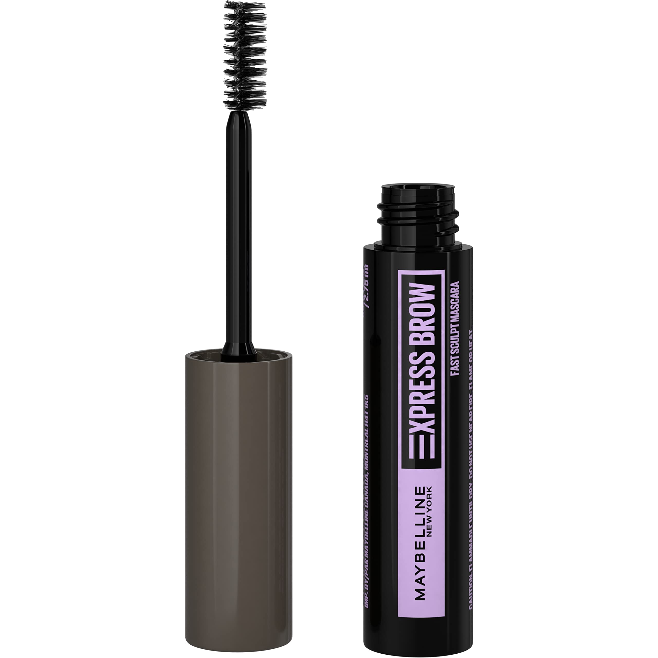 Maybelline Brow Fast Sculpt front packaging shows compact eyebrow mascara, easy travel use